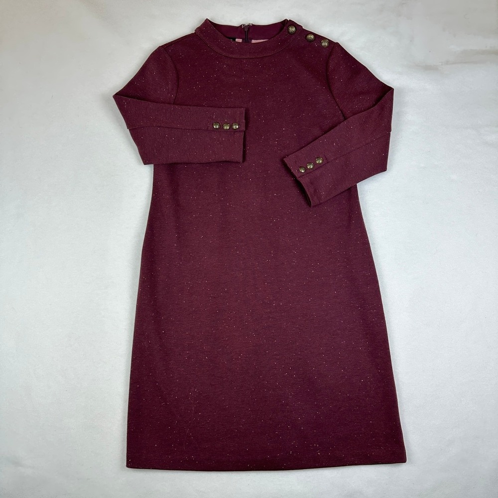 Talbots Womens Burgundy Heathered Knit Mock Neck Button Shoulder Sheath Dress S - Picture 4 of 11